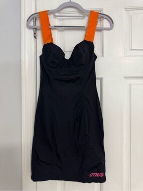 Heron Preston Black Mini Dress w/ Orange Logo Straps Handle With Care XS